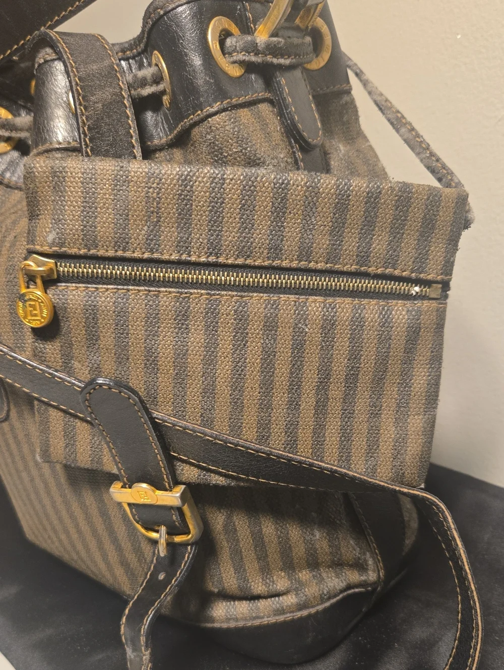 Fendi Brown Striped Canvas Drawstring Crossbody Bag with Pouch